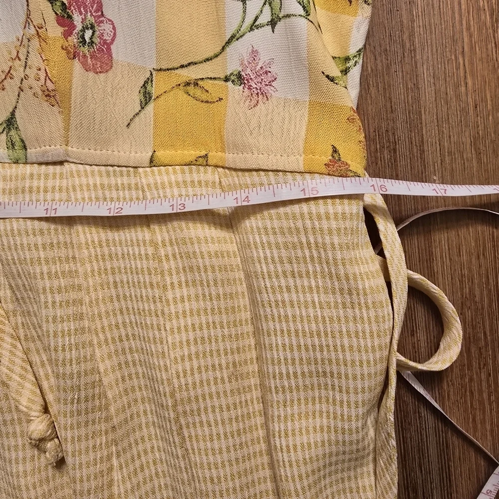 VTG Expo Mixed Print Midi Dress Yellow Gingham Floral Cottagecore Button Front 8